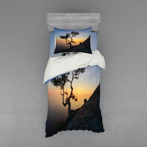Mountain Duvet Cover Set, Picturesque Landscape Sunset at the Black Sea Autumn Tree on a Cliff Idyllic Photo, Bedding Set with Shams and Fitted Sheet, 3 Sizes, by Ambesonne