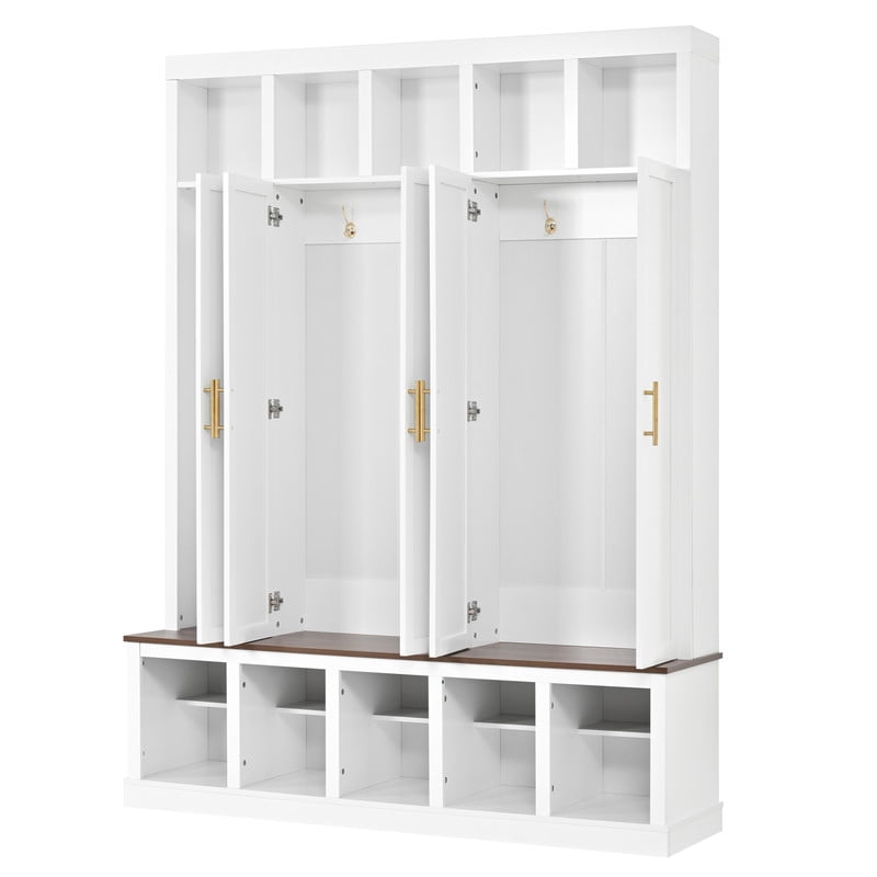 Farmhouse Hall Tree with 5 Doors and Top Storage Compartments, Entryway Coat Rack with Hooks, Mudroom Bench with Shoe Cubbies for Hallway Living Room
