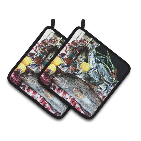 Carolines Treasures 1001PTHD Fish and Beers from New Orleans Pair of Pot Holders , 7.5HX7.5W, multicolor
