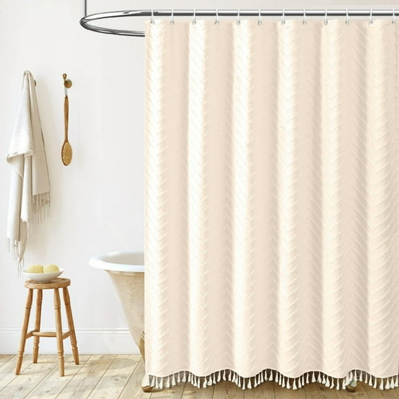 VOTRUDI Boho Shower Curtain with Tassels 72x72in - Textured Polyester Fabric Bathroom Curtain Set with 12 Hooks, Water Repellent & Modern Decor,72x72in