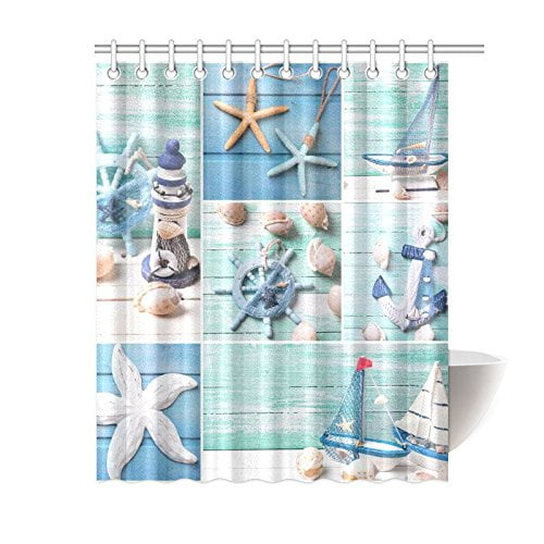 FMSHPON Blue Sea and Seashell Waterproof Polyester Fabric Shower Curtain 60x72