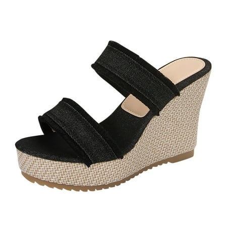 

Jungdeepe Women s Summer Fashion Open Toe Thick Bottom Slope Heel Denim Sandals Slippers Casual Comfortable Out Beach Slippers Sock Slippers for Women Leather Bottom Womens Slippers with Bow Womens