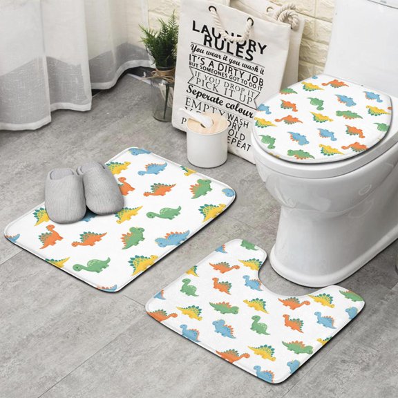 White Cartoon Dinosaurs Pattern Bathroom Rugs Sets 3 Piece,Toilet Cover Set,Absorbent Non Slip Bathroom Mats Sets with U-Shaped Contour Rug Toilet Rug Set