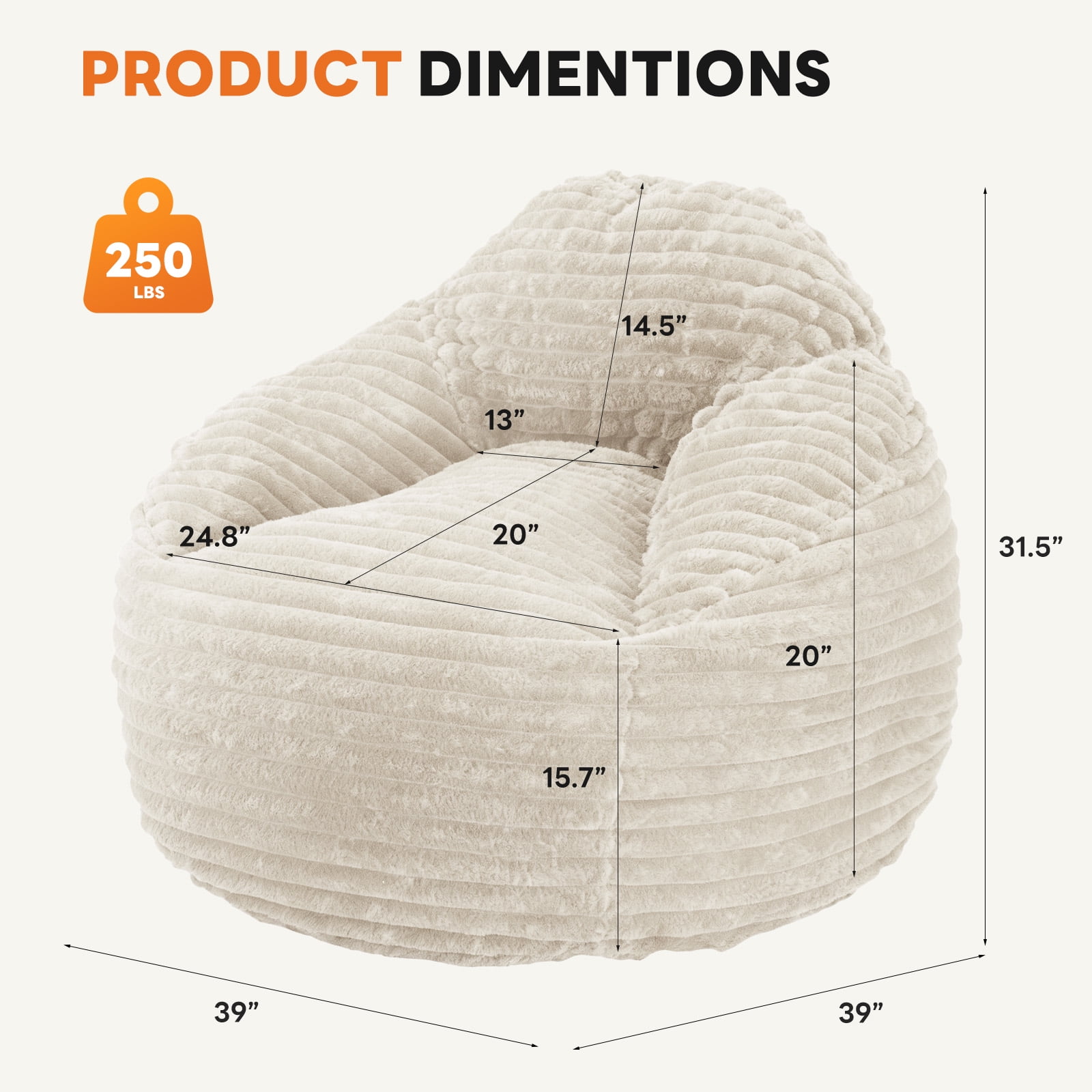 CONCETTA 39ft Sofa Bean Bag Chair , Oversized Beanbag for Adults with Soft Removable Cover, Light brown