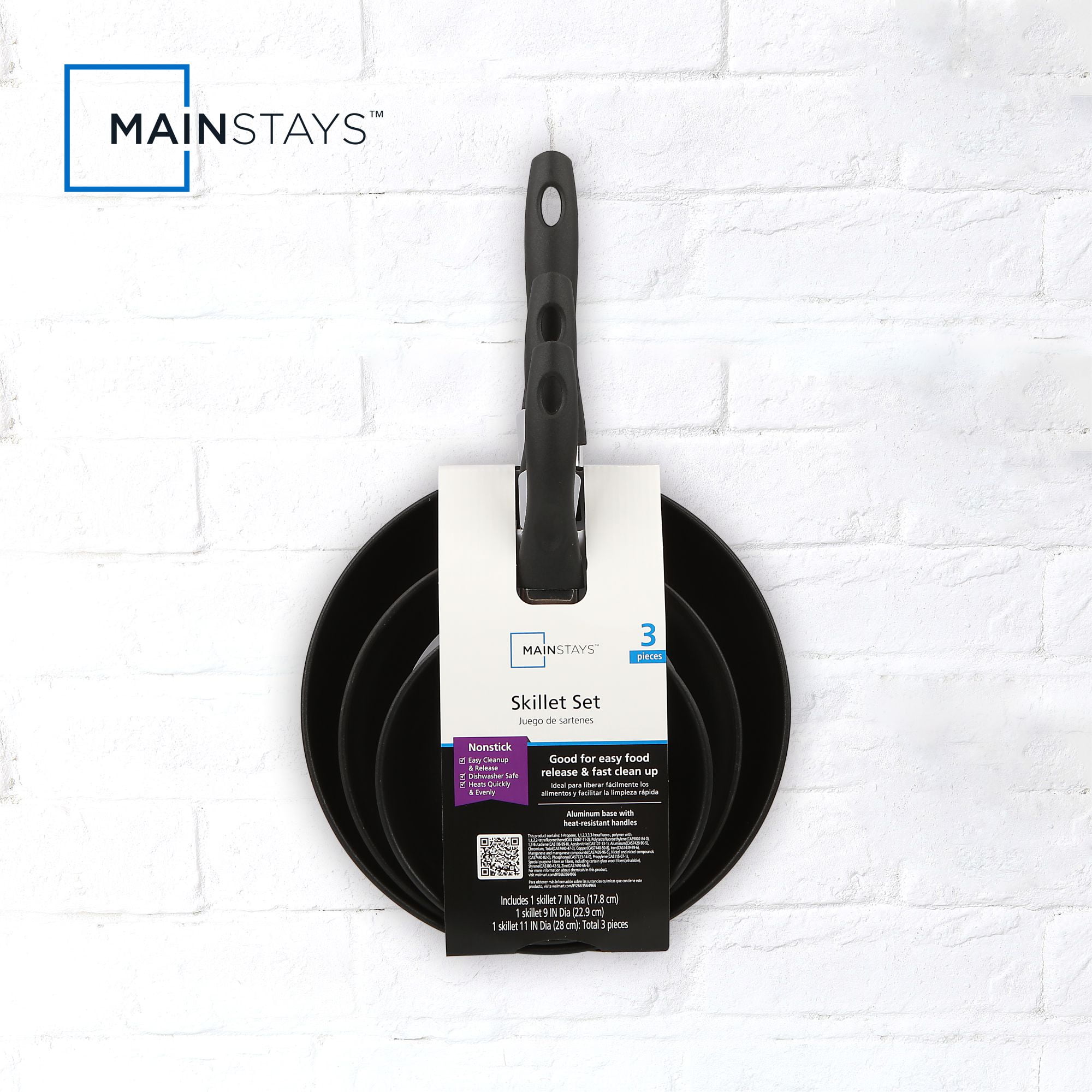 Mainstays 3-Piece Nonstick Aluminum Skillet Set, Black Finish Set of 3