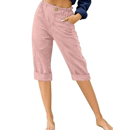 Innerwin Cropped Pant High Waist Women Capri Pants Beach Button