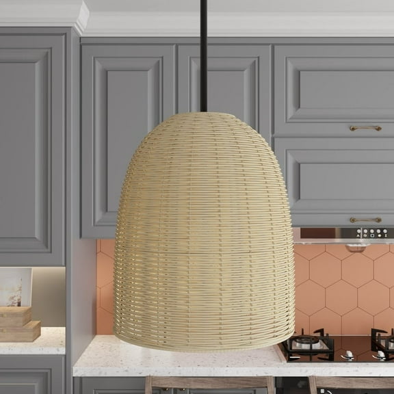 ACROMA  1-light Farmhouse Rattan Kitchen Island Pendant - N/A Black/Natural