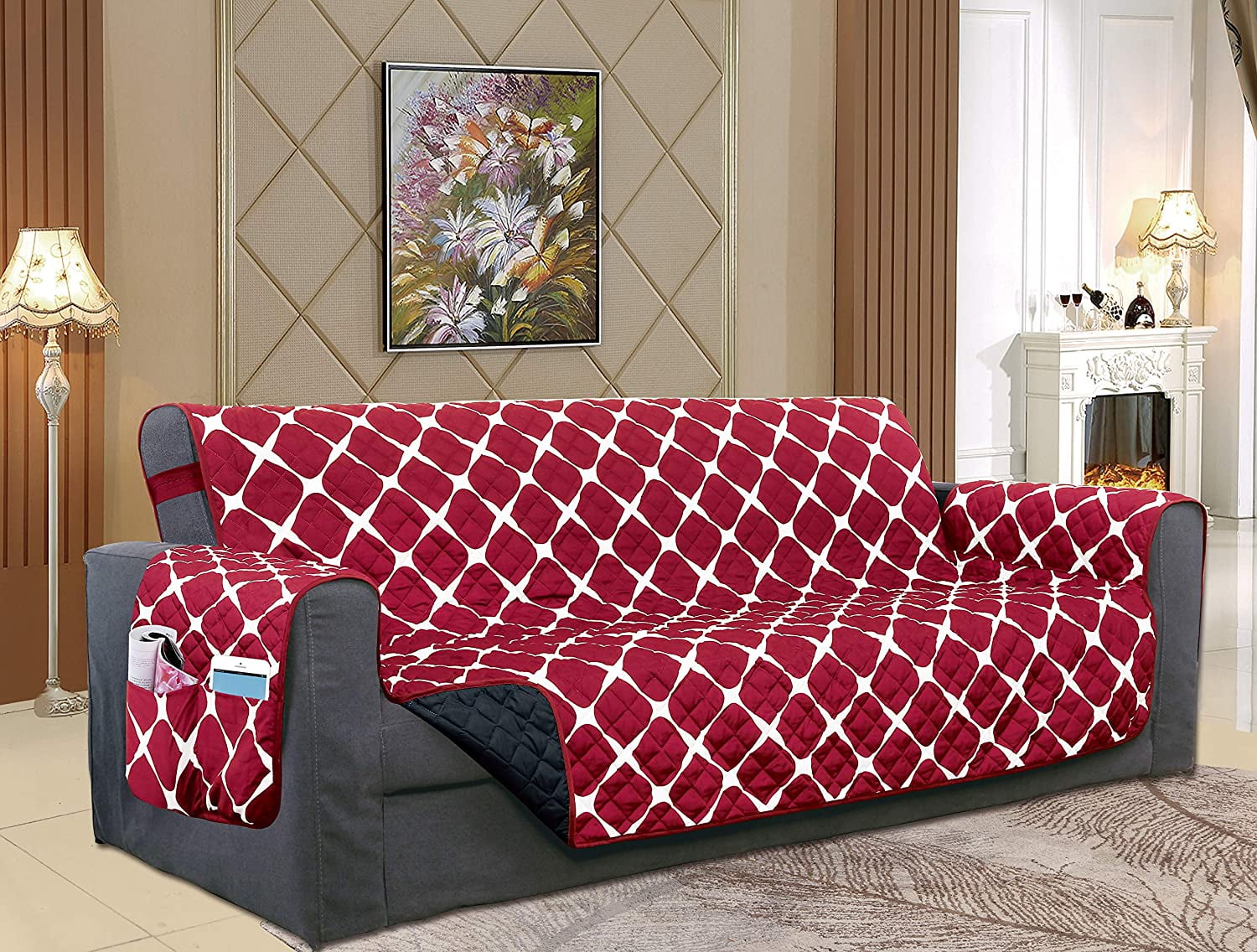 Quilted Reversible Furniture Protector For Pet Dog Children Burgundy/Black Oversize Sofa