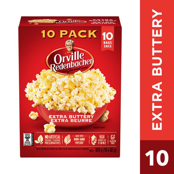 Orville Redenbacher Extra Buttery Microwave Popcorn, 100% Whole Grain Popcorn, Gluten Free (10 Bags x 82g)