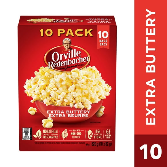 Orville Redenbacher Popcorn - Microwave Extra Buttery - (10 Bags, 82g), Non-GMO, whole grain microwave popcorn with a high source of fibre and gluten free