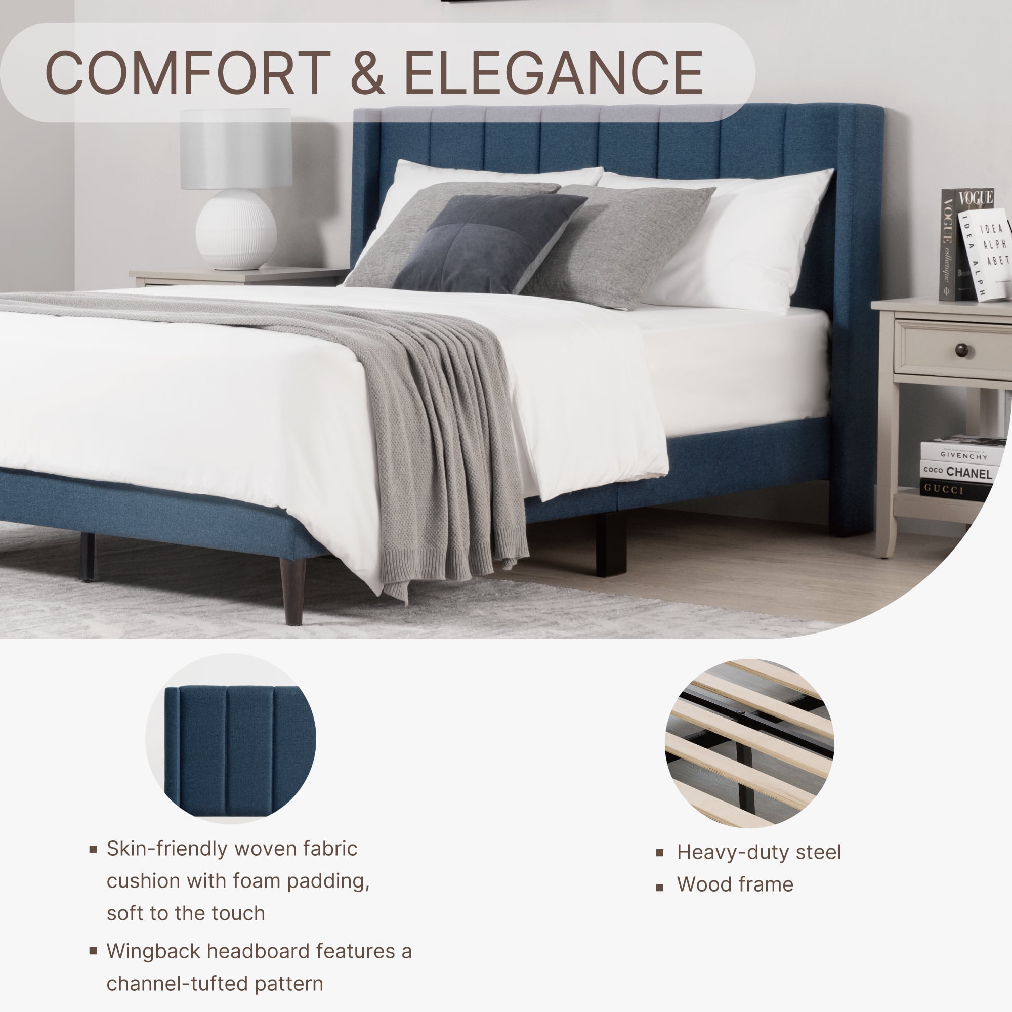 Spruce & Spring Upholstered Platform Bed Frame with Wingback Headboard Queen