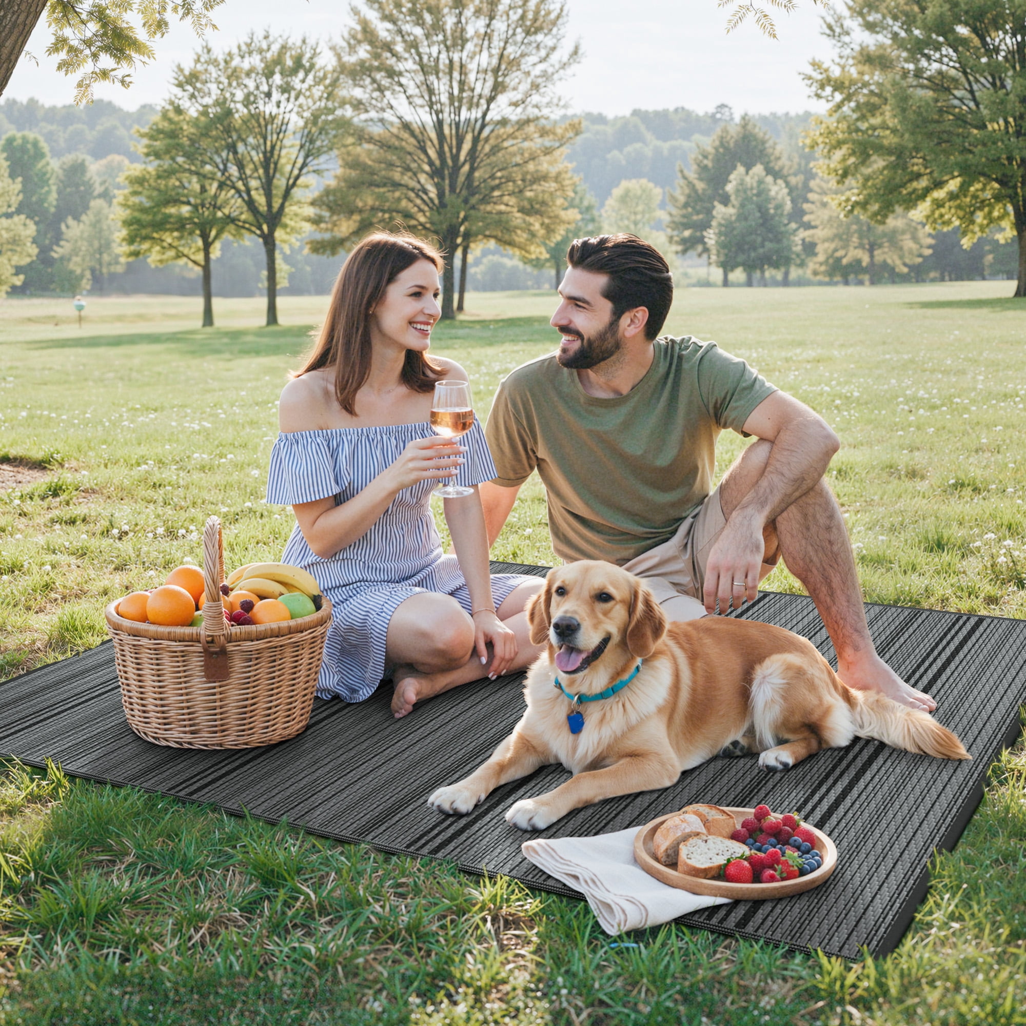 KUETH 9'x 12' Outdoor Waterproof Rug Camping Mat Patio Carpet,Black&Gray