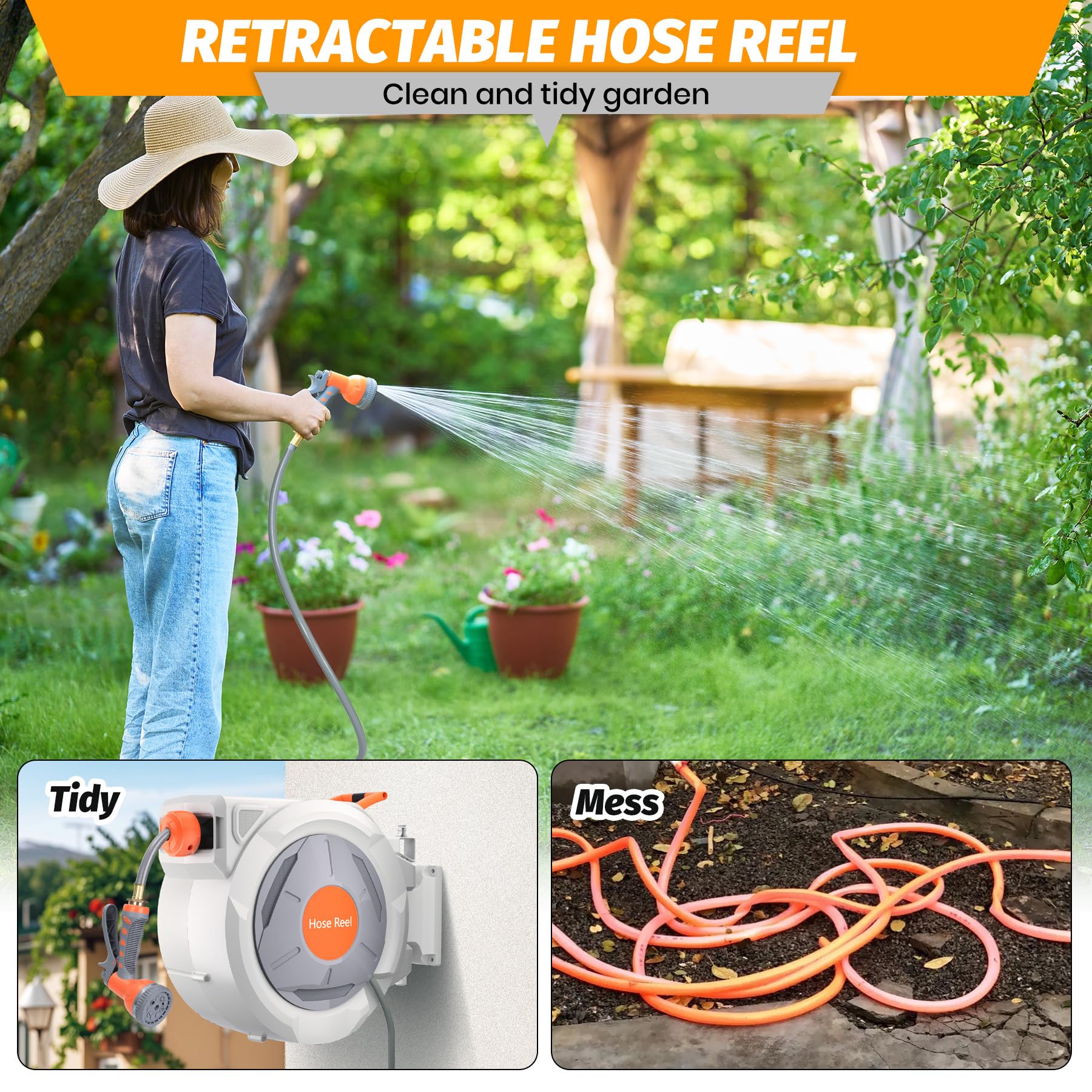 Retractable Garden Hose Reel, with 9 Patterns Nozzle, Any Length Lock, Upgraded Slow Return System and 180°Swivel Bracket, 5/8 Inch x 65 ft Wall Mounted