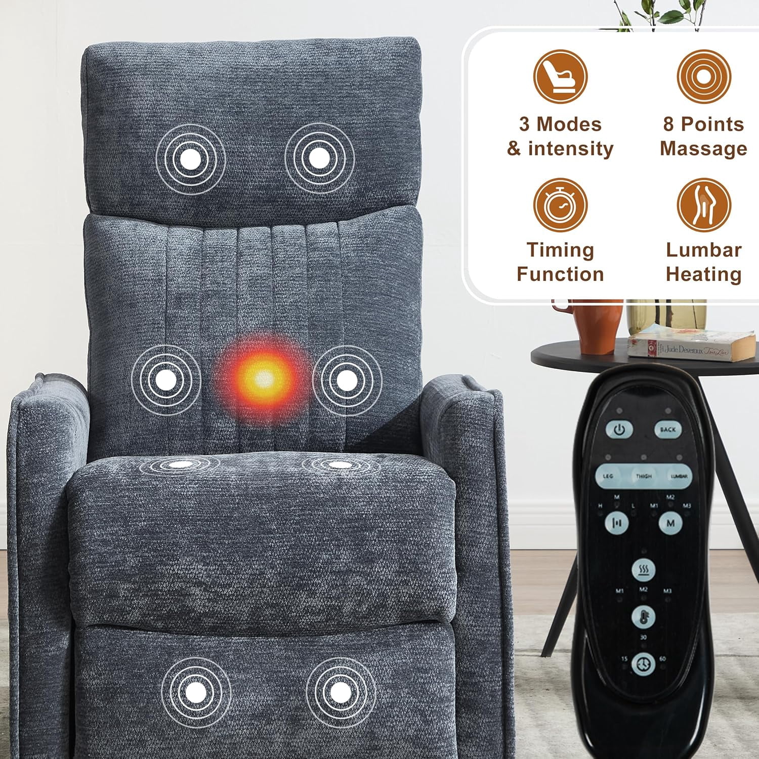 AENKYO Swivel Recliner Chair, Manual Rocking Massage Chair, Heated for Adults, for Living Room,Blue Chenille