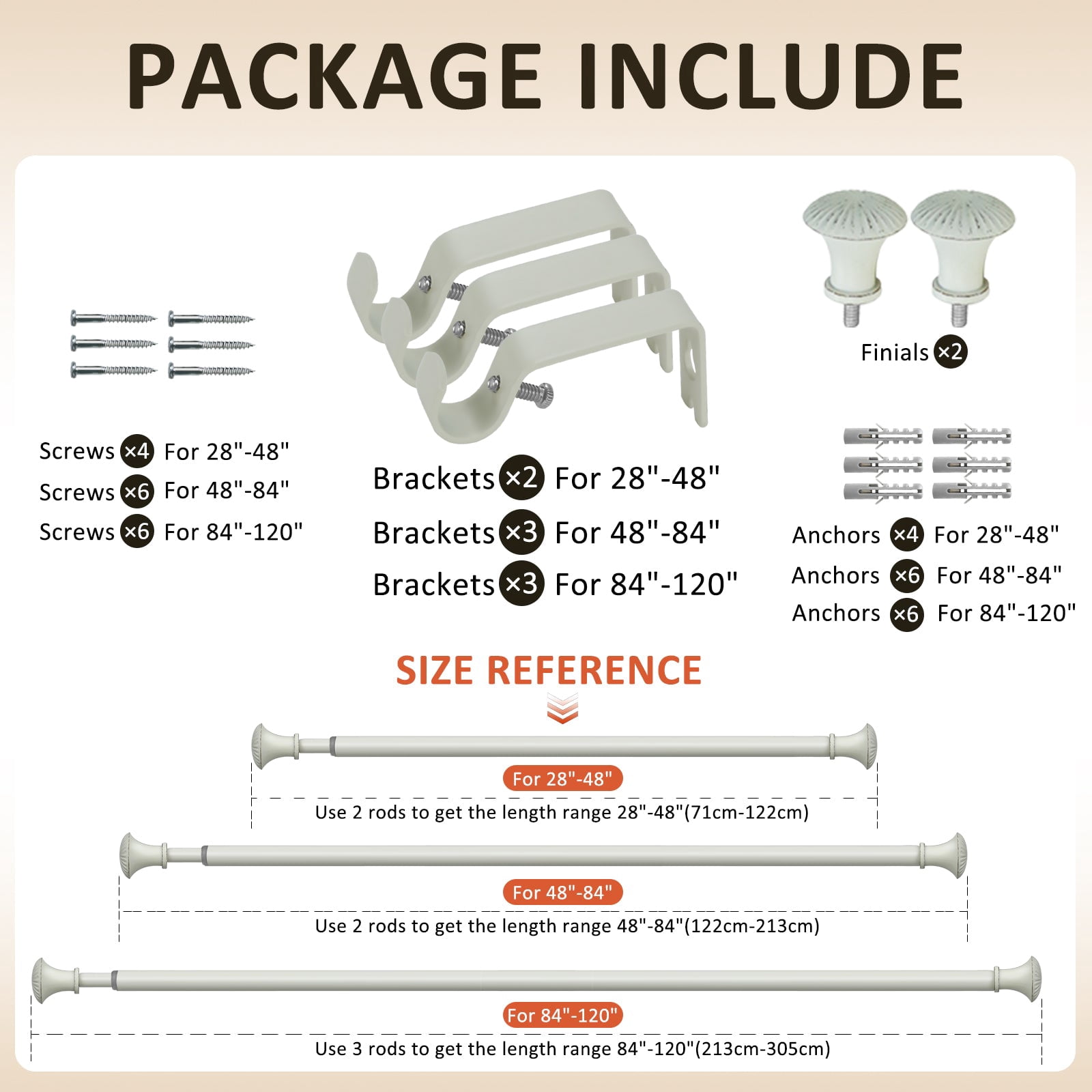 Ridicili 5/8" Telescoping Single Curtain Rods with Trumpet Finials,Weathered White, 84"-120"