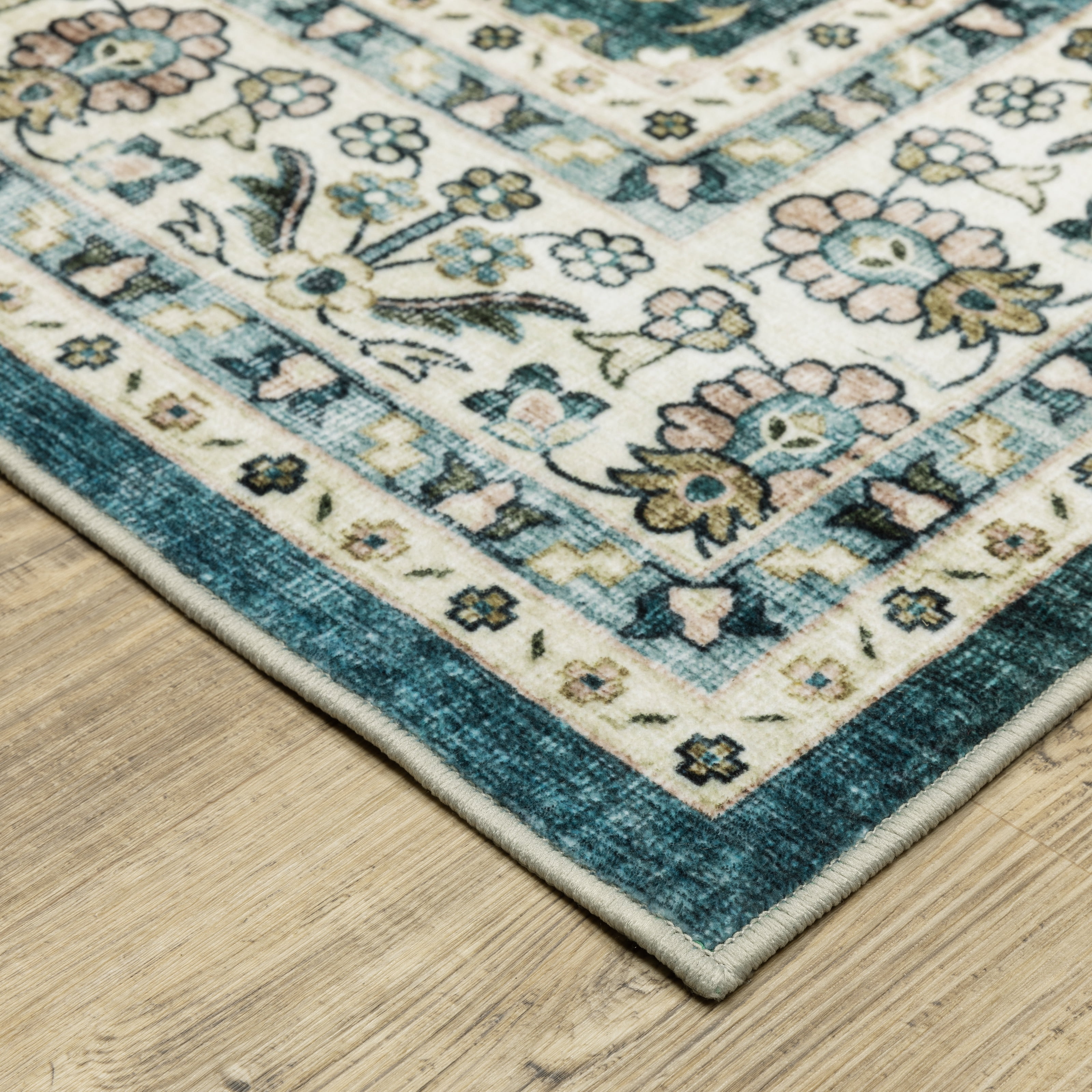 Avalon Home Sebastian Vintage Bordered Teal/ Ivory Washable Indoor Area Rug