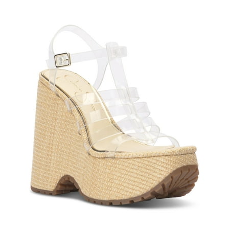 

JESSICA SIMPSON Womens Clear Mixed Media 2 Platform Woven Padded Divinia Round Toe Wedge Buckle Heeled Sandal 9.5 M