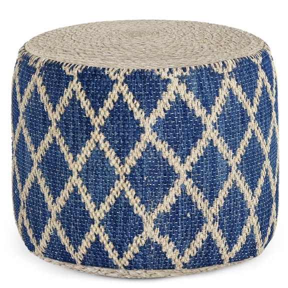Round Pouf Ottoman, Blue and Natural Woven Fabric Footstool for Living Room, Fully Assembled Accent Stool