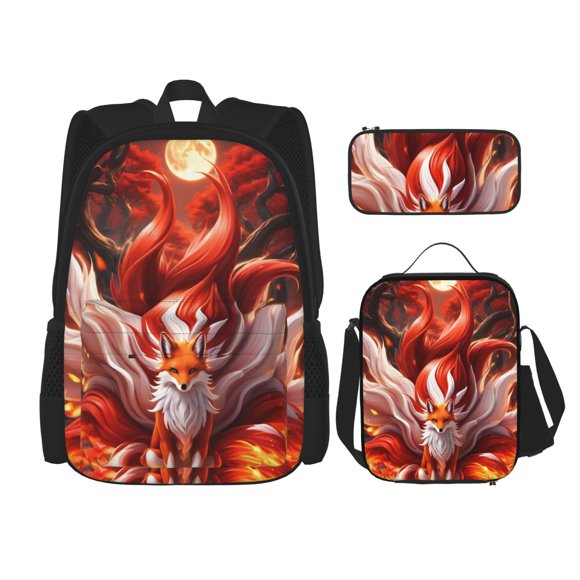 Lsque Red Leaf Flame Fox Pattern School Bag Set -Backpack with Pencil Case and Lunch Bag,3-in-1 School Bag,Kids Backpack Set for Boys and Girls