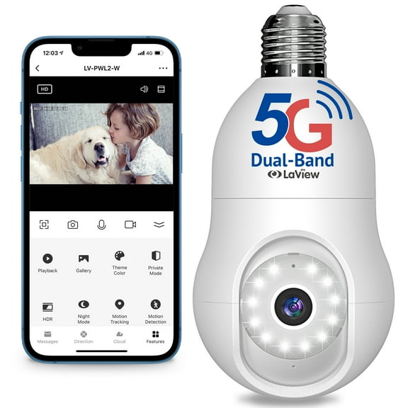 LaView 4MP Bulb Security Camera 5G& 2.4GHz WiFi, 360°2K Security Cameras Wireless Outdoor Indoor Full Color Day and Night, Motion Detection, Audible Alarm, Easy Installation, Compatible with Alexa