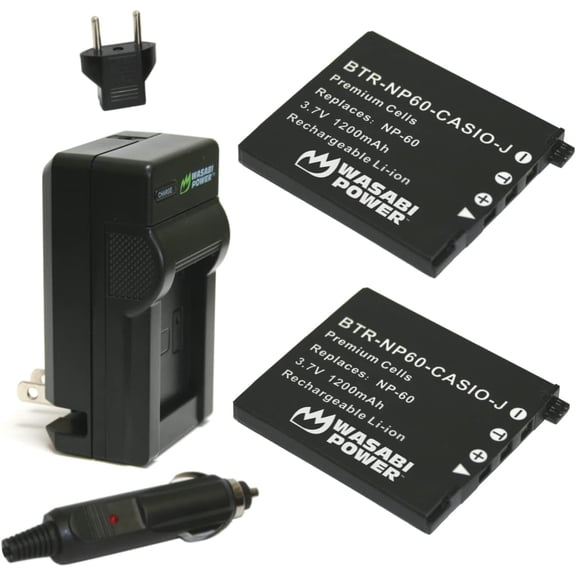 Wasabi Power Battery (2-Pack) and Charger for Casio NP-60