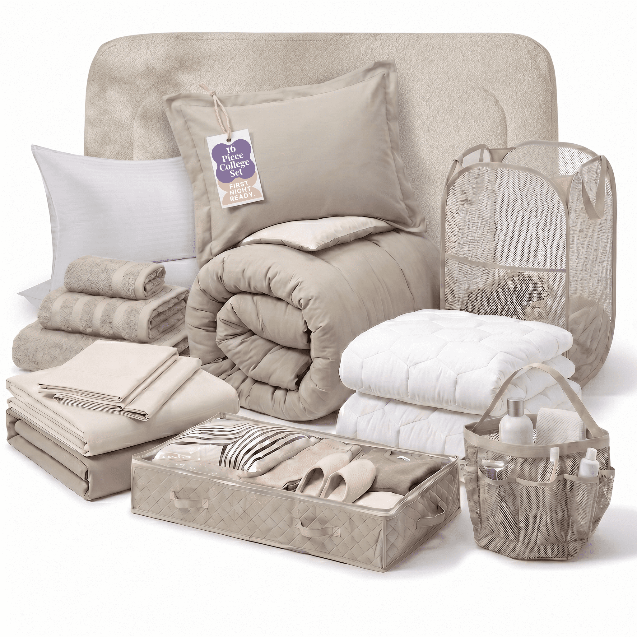 LammaLoe 16 Piece Complete Dorm Room Set, Twin XL Comforter Set, Includes Sheet Set, Mattress Protector, Pillows, Headboard, Towels & Organizers - All Dorm Accessories Included, Linen