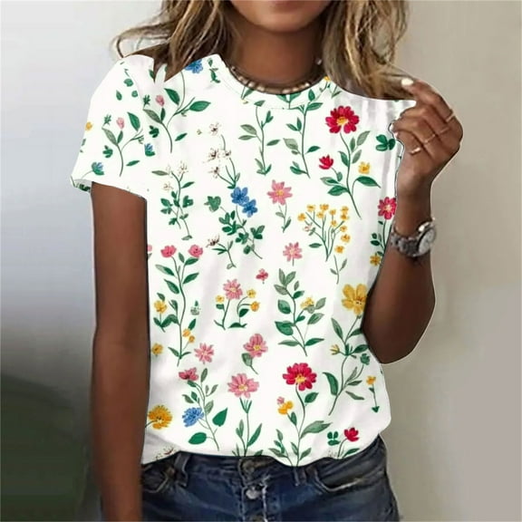 Fengqque 2025 Women's Fashion Print Crew Neck Short Sleeve Casual Top