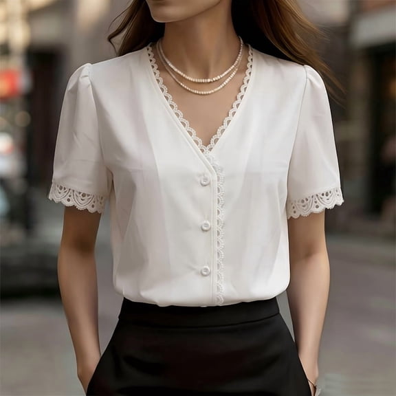 Morttic Women's Elegant Solid Color Lace Trim V-Neck Blouse – Puff Sleeve Button Front Top Summer Fashion Commuting Outfit White,S