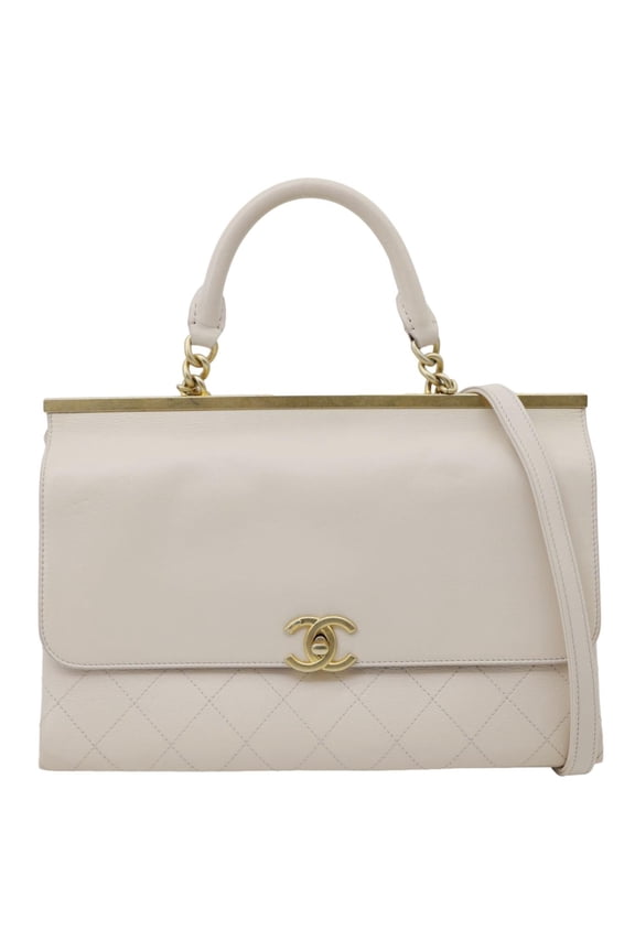 Pre-Owned Chanel Coco Luxe Flap Quilted Lambskin Leather Top Handle Shoulder Bag Off White