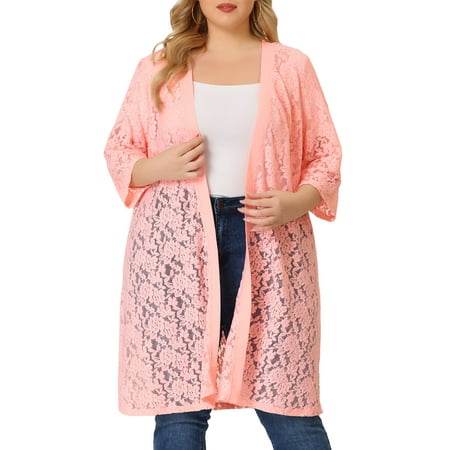 MODA NOVA Junior's Plus Cardigan Lace Open Front 3/4 Sleeve Bolero Cardigan Pink 3X