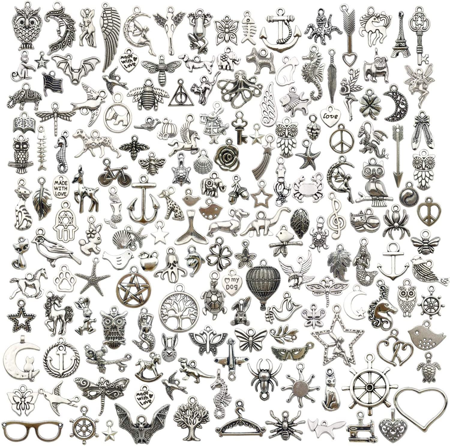 Wholesale 100/200Pcs Mixed Silver Charms Pendants For DIY Jewelry Making Craft 