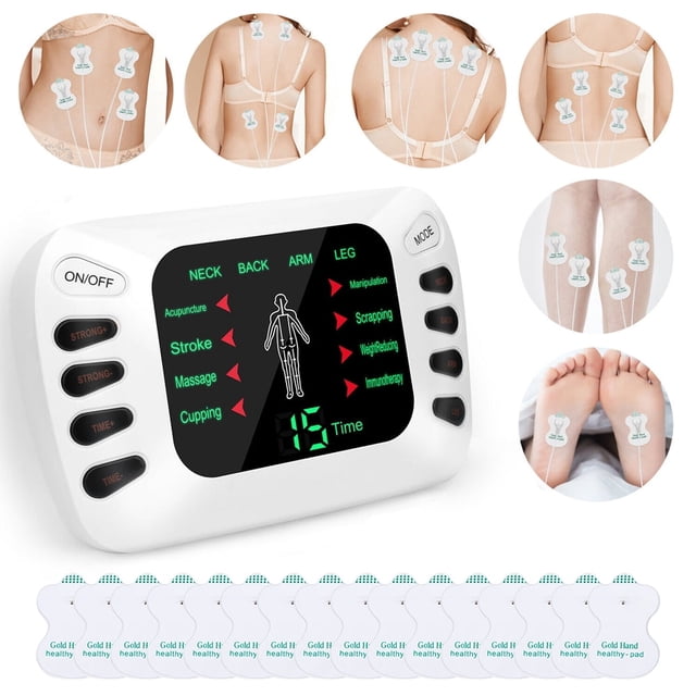 Estimulador muscular MDHAND TENS de doble canal con 16 electrodos para aliviar el dolor de espalda, cuello, lumbares, piernas y músculos.