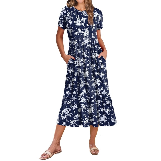 Vestido midi Zeagoo de manga corta con estampado floral blanco primaveral