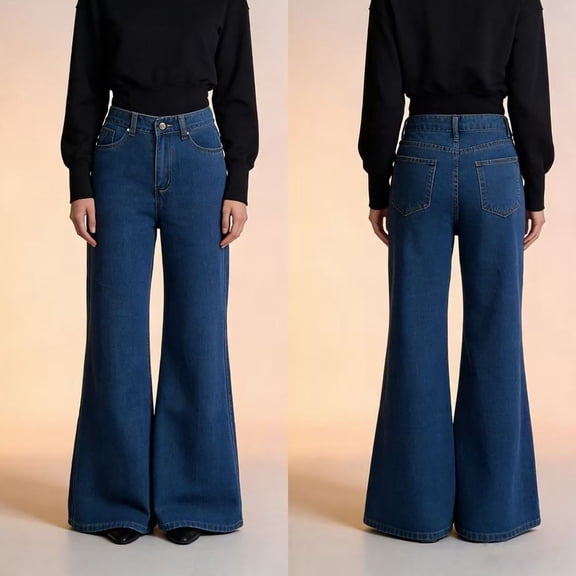 Women's High Waisted Dark Wash Flared Jeans Retro Wide Leg Denim