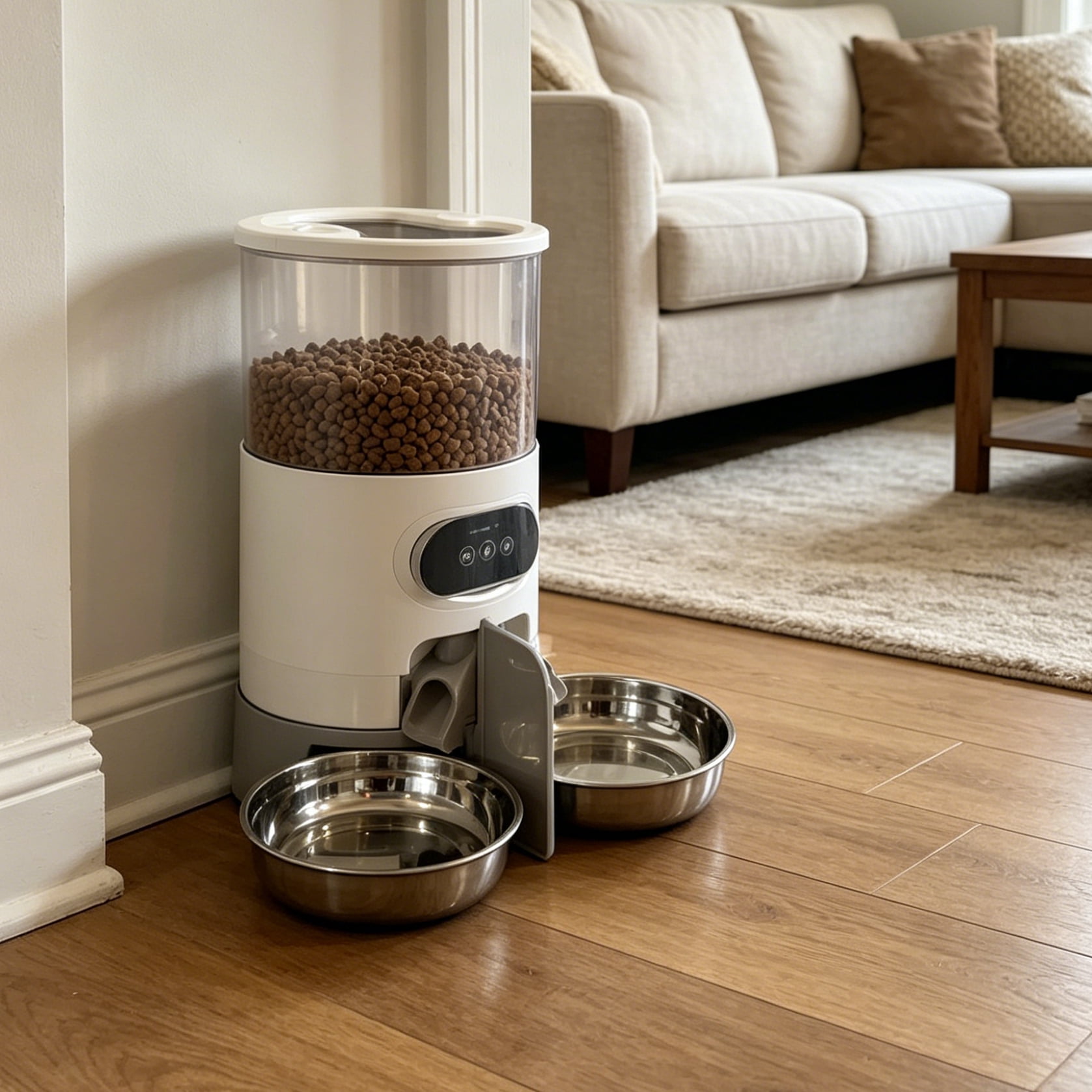 FlexiTrio Pet Feeder Cat And Dog Food Automatic Dispenser for Small And Medium-Sized Cats And Dogs Feeding Stainless Steel Double Bowl Pet Cat And Dog Feeder Easy to Clean