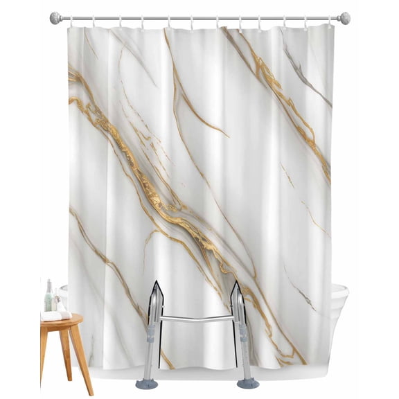 Split Shower Curtain for Transfer Bench, White Golden Marble Fabric Shower Curtains for Bathroom, Modern Abstract Art Marble Crack Tub Sliding Transfer Bench Waterproof Bath Curtains 72"x78"
