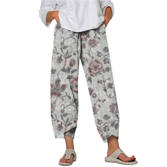 QATAINLAV Wamen 2025 Summer Elastic Waist Harem Pants with Pockets Casual Tulips Hem Linen Beach Capris Fashion Print Plus Size Loose Cropped Trousers Multicolor XXXXL Ofertas Relampago de Hoy