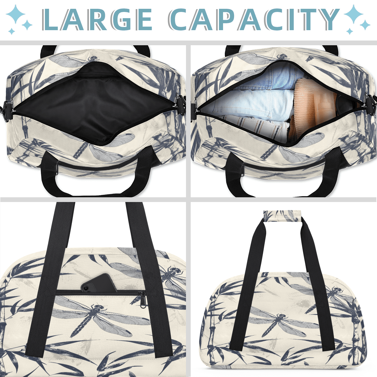 Herdesigns Dragonfly Sports Duffle Bag for Women & Men, Leaves Rustic Botanical Gym Bag Dance Bag Overnight Bag Carry On Weekender Travel Bag