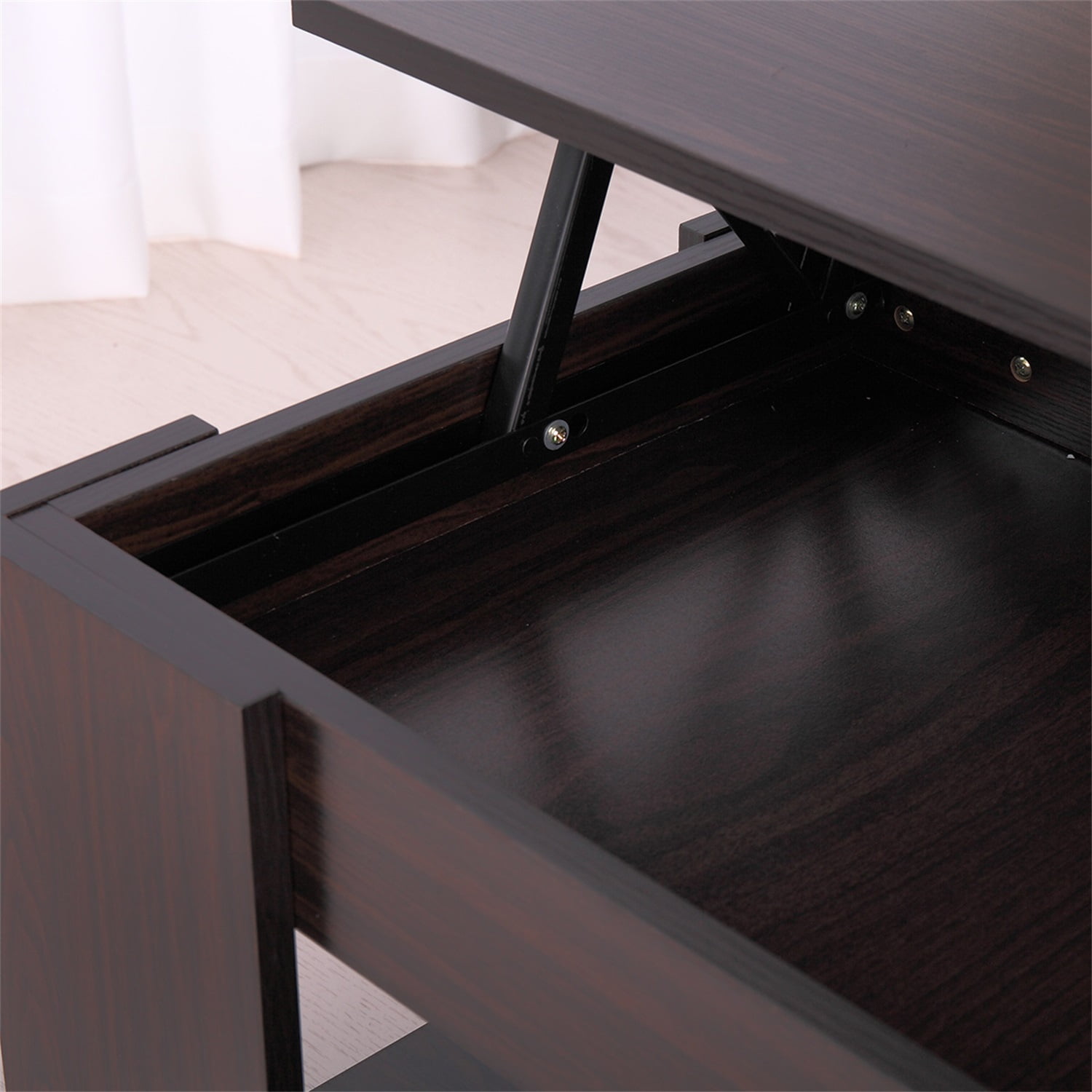 Kadyn Wooden Ceiling Coffee Table, Modern Coffee Table with Hidden Compartment and Open Bookshelf, Central Coffee Table for Home, Nut Brown Kadyn Wooden Ceiling Coffee Table, Modern Coffee Table with Hidden Compartment and Open Bookshelf, Central Coffee Table for Home, Nut Brown