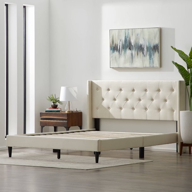 Rest Haven Linen Inspired Diamond Tufted Wingback Upholstered Bed