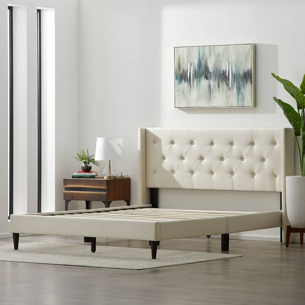 Rest Haven Linen Inspired Diamond Tufted Wingback Upholstered Bed, King, Cream