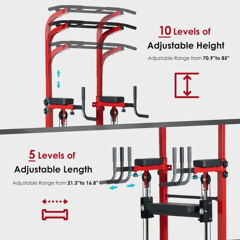 Soges Pull Up Bar Adjustable Height Power Tower Dip Station for Enhanced Fitness PU Leather Armrest for Home Gym Strength Training Red