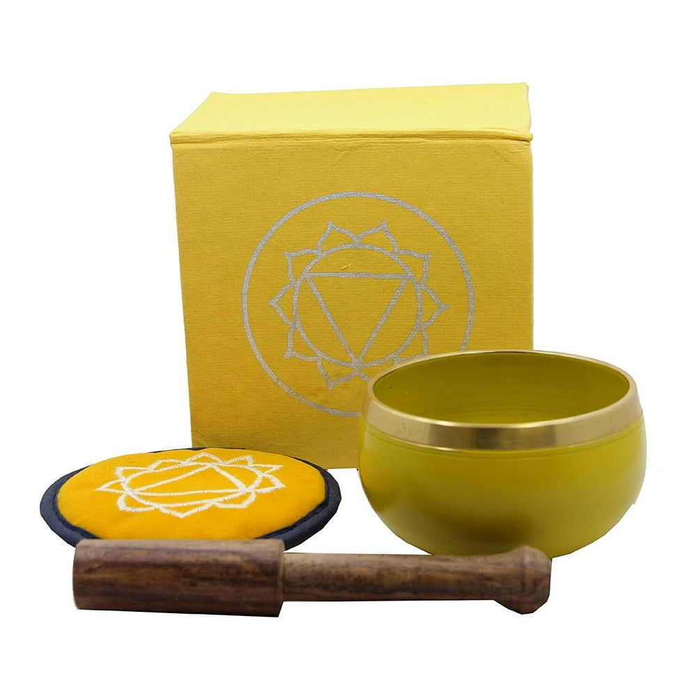 Tibetan Palm Size Solar Plexus Chakra Singing Bowl Premium Gift Set