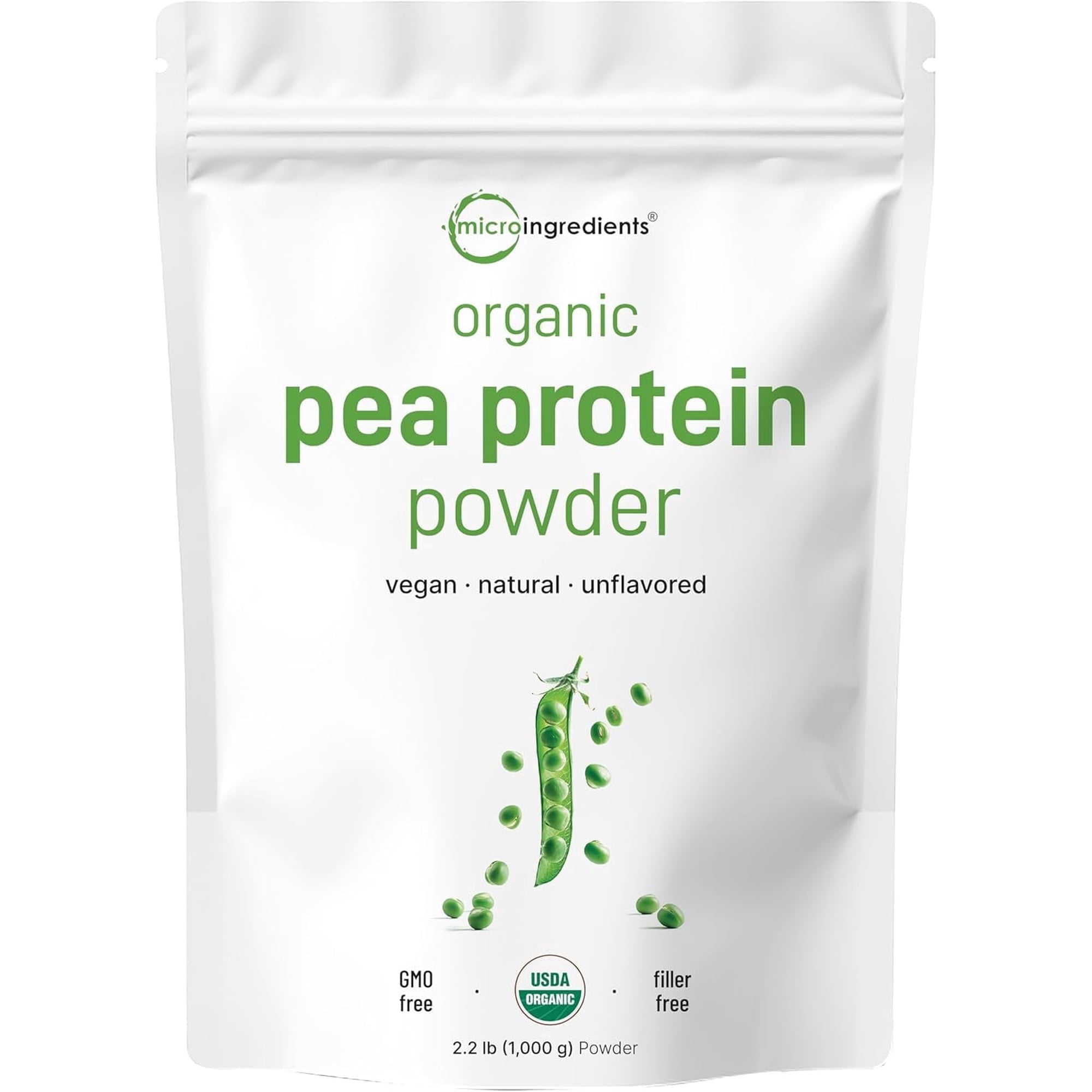 Micro Ingredients Organic Pea Protein Powder, 1KG (2.2 Pounds), Unflavored | Plant-Based Vegan Protein Supplement, North America Grown, Natural Branched Chain Amino Acids | Non-GMO, Soy Free