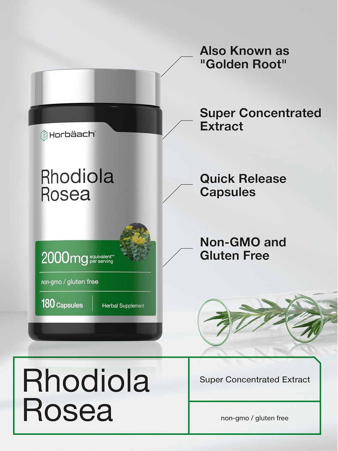 Rhodiola Rosea Supplement | 2000mg | 180 Capsules | by Horbaach