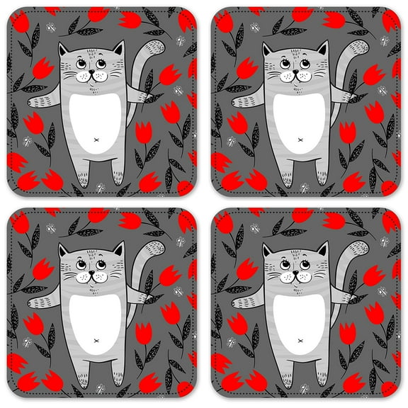 Vinyl Drink Coasters - Set of 4 - Gray Cat with Red Flowers
