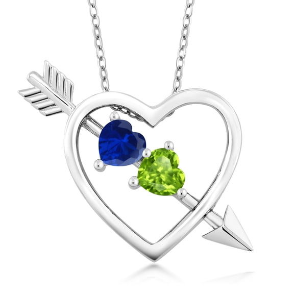Gem Stone King 925 Sterling Silver Blue Created Sapphire and Green Peridot Heart and Arrow Pendant Necklace for Women (1.11 Ct with 18 inch Silver Chain)