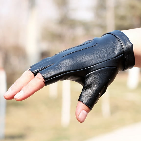 dianhelloya 1 Pair Faux Leather Gloves Half Fingers Smooth Waterproof Adjustable Wrist Solid Color Unisex Driving Outdoor Sports Halloween Gloves Cosplay Costume Black