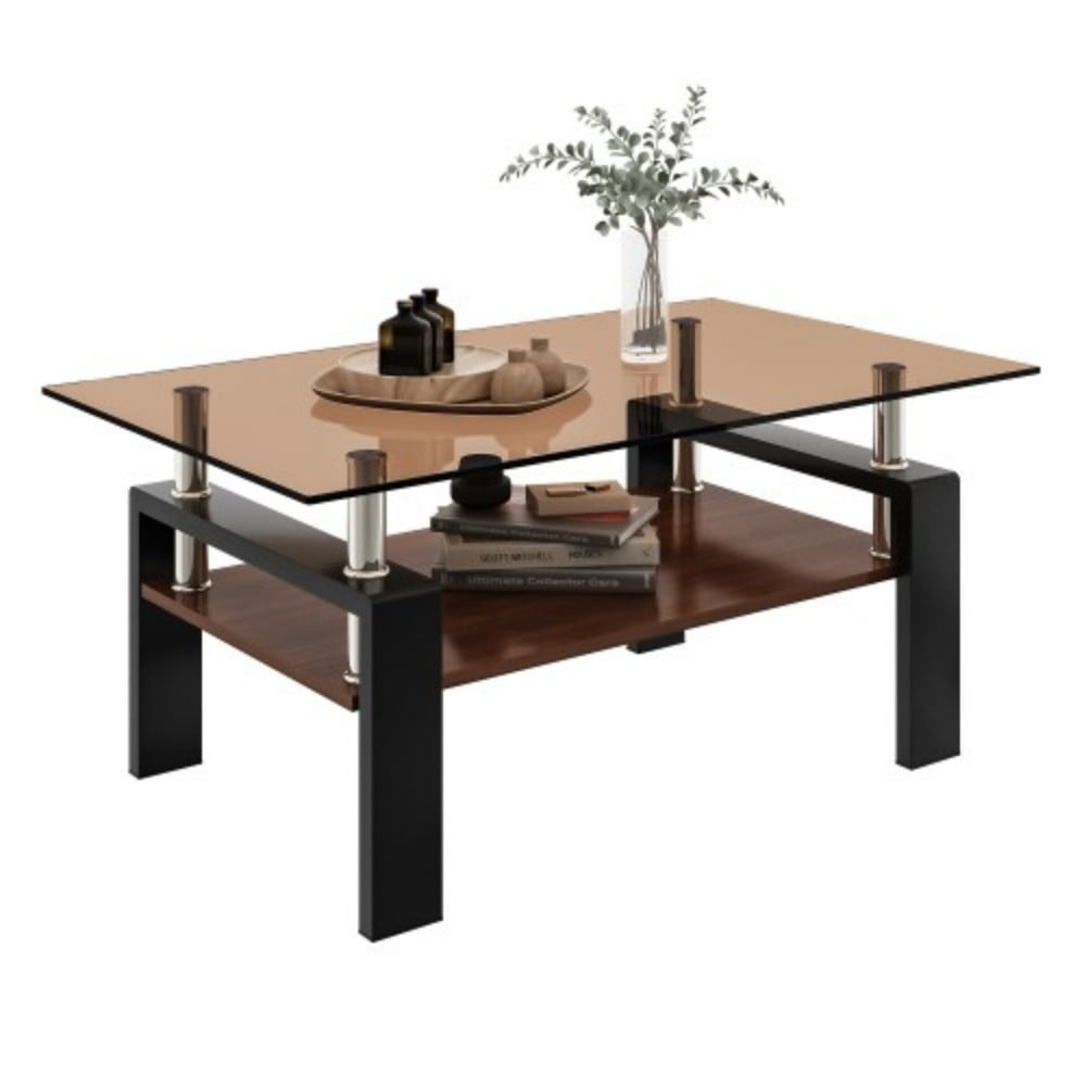 Rectangle Coffee Table, 39.2" Brown Tempered Glass Tabletop with Black MDF Storage Shelf and Iron Legs, Modern Clear Glass Center Table for Living Room, 220 lbs