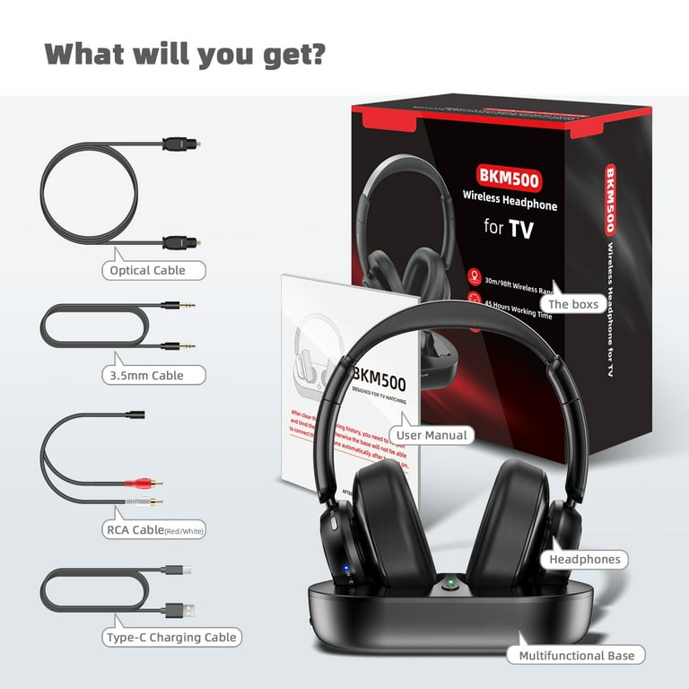 BKM500 Wireless TV Headphones with Multifunctional Base 98FT Range 35hr Playtime Walmart